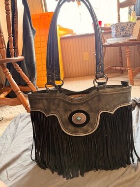 Justin Boots Black Fringe Shoulder Bag with Concho Accent